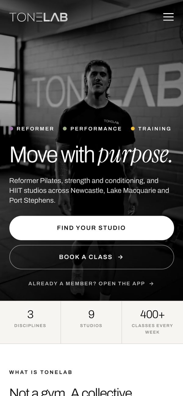 ToneLAB homepage hero on mobile
